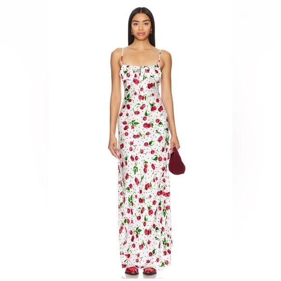 NWT Leslie Amon Cherry Print Slip Maxi Dress Revolve lingerie gown bias cut M - Picture 1 of 14